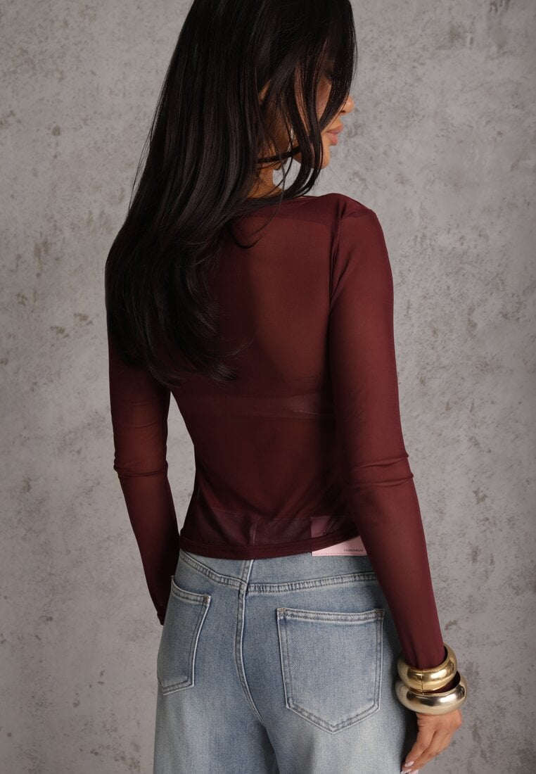 Bordowa Marszczona Bluzka z Siateczki Zdobiona Aplikacją w Kształcie Róży Olirisa