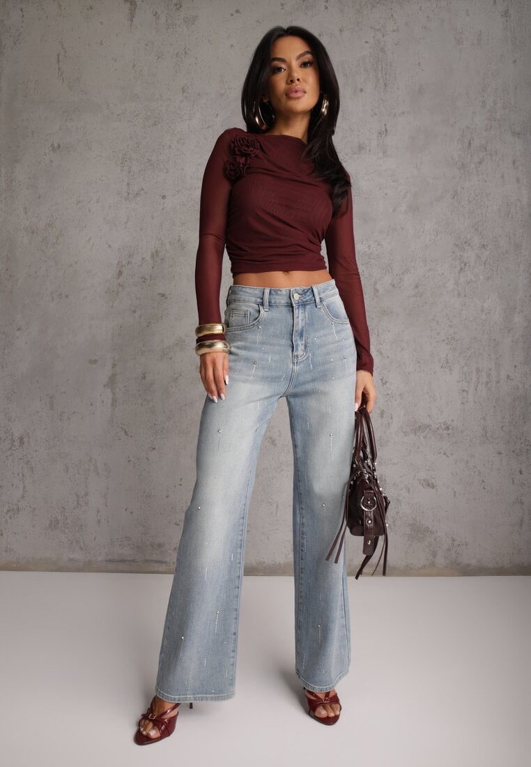 Bordowa Marszczona Bluzka z Siateczki Zdobiona Aplikacją w Kształcie Róży Olirisa