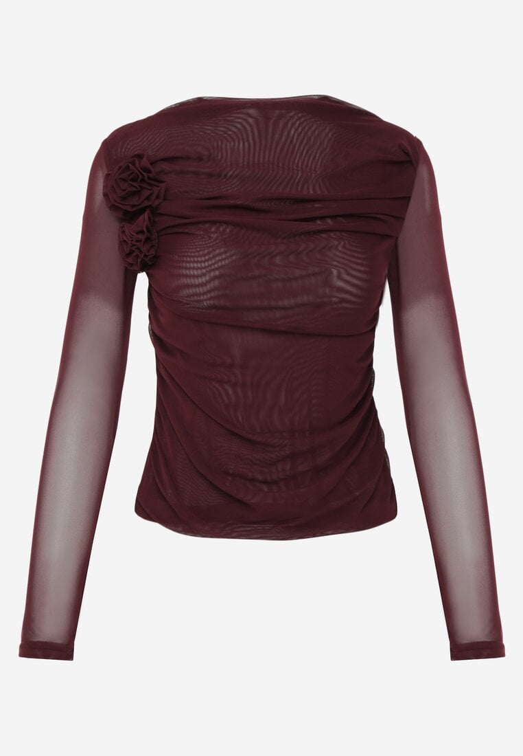 Bordowa Marszczona Bluzka z Siateczki Zdobiona Aplikacją w Kształcie Róży Olirisa