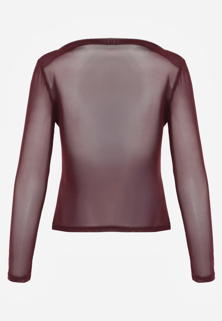 Bordowa Marszczona Bluzka z Siateczki Zdobiona Aplikacją w Kształcie Róży Olirisa