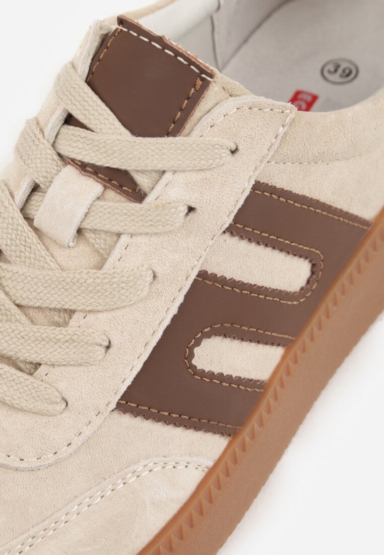 Beżowe Sneakersy Skórzane w Stylu Tenisówek z Geometrycznym Wzorem Eshiryla