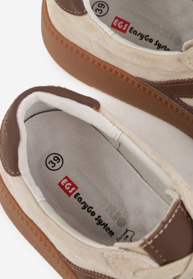 Beżowe Sneakersy Skórzane w Stylu Tenisówek z Geometrycznym Wzorem Eshiryla