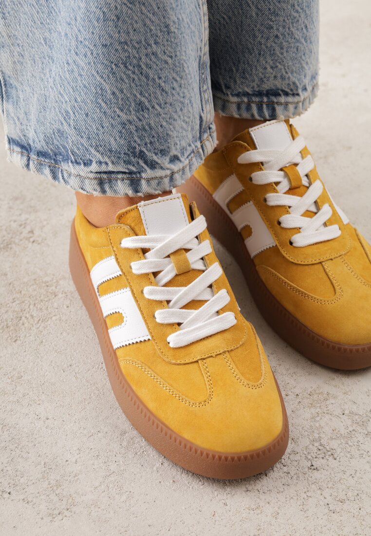 Żółte Sneakersy Skórzane w Stylu Tenisówek z Geometrycznym Wzorem Eshiryla