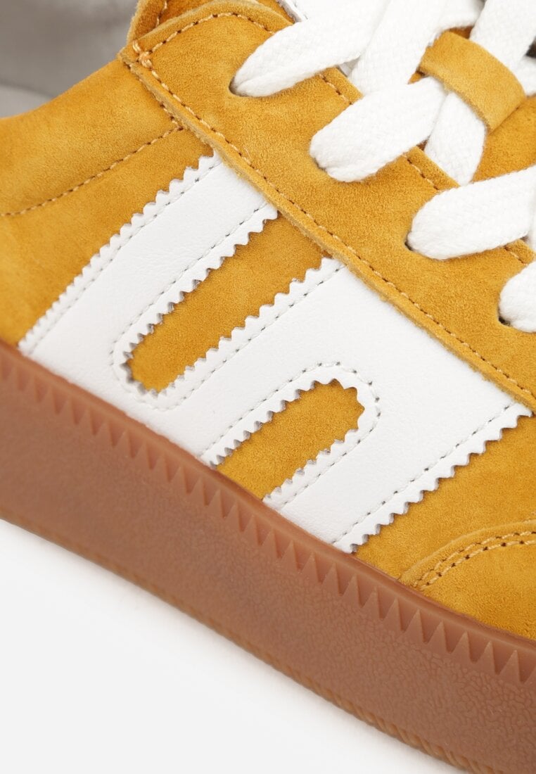 Żółte Sneakersy Skórzane w Stylu Tenisówek z Geometrycznym Wzorem Eshiryla