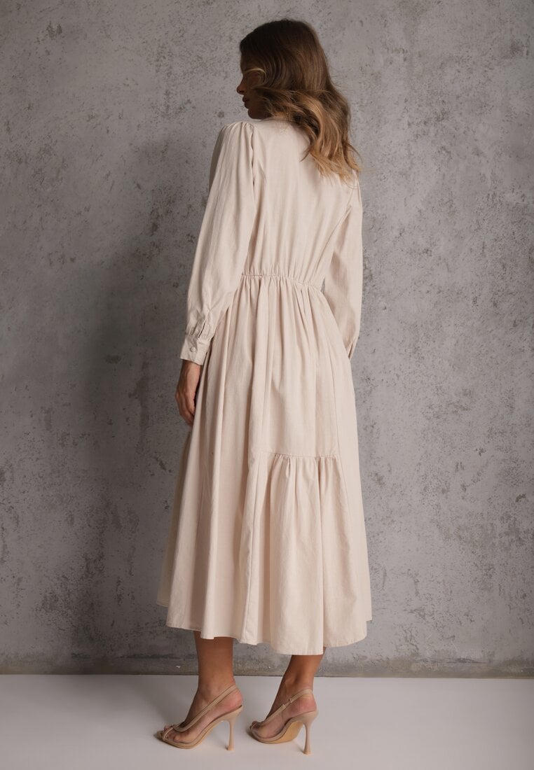 Beżowa Rozkloszowana Sukienka Koszulowa z Bawełny i Wiskozy Zdobiona Klapami Gleta