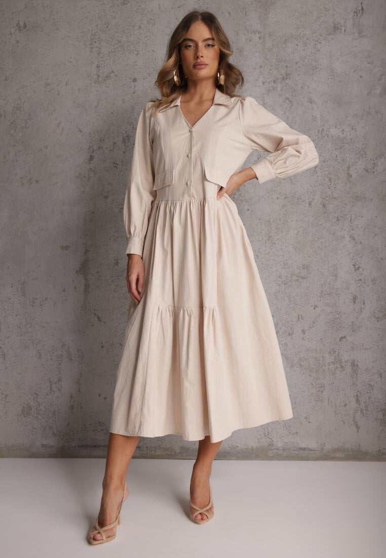 Beżowa Rozkloszowana Sukienka Koszulowa z Bawełny i Wiskozy Zdobiona Klapami Gleta