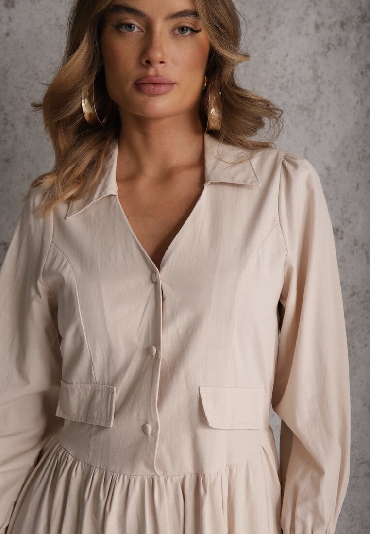 Beżowa Rozkloszowana Sukienka Koszulowa z Bawełny i Wiskozy Zdobiona Klapami Gleta