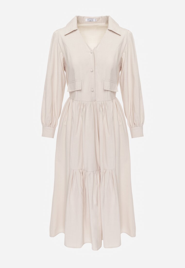 Beżowa Rozkloszowana Sukienka Koszulowa z Bawełny i Wiskozy Zdobiona Klapami Gleta