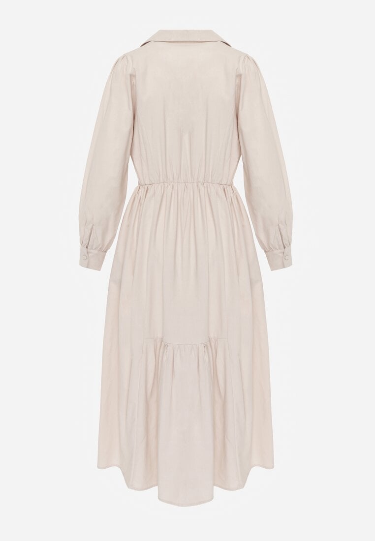 Beżowa Rozkloszowana Sukienka Koszulowa z Bawełny i Wiskozy Zdobiona Klapami Gleta