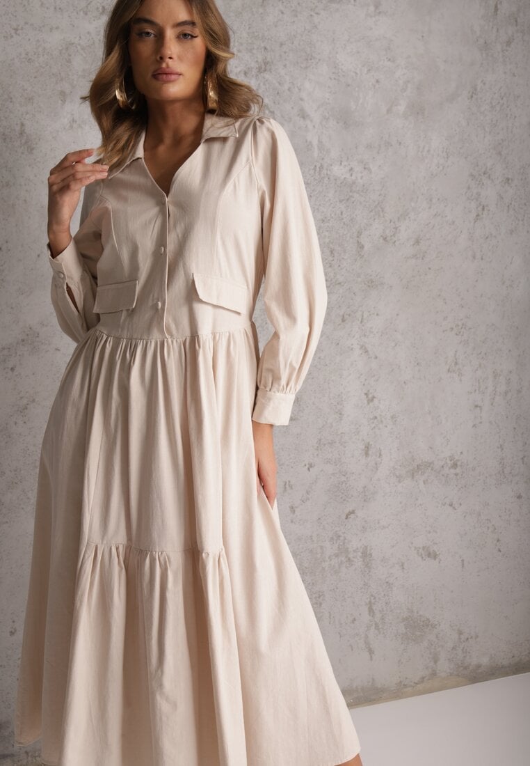 Beżowa Rozkloszowana Sukienka Koszulowa z Bawełny i Wiskozy Zdobiona Klapami Gleta