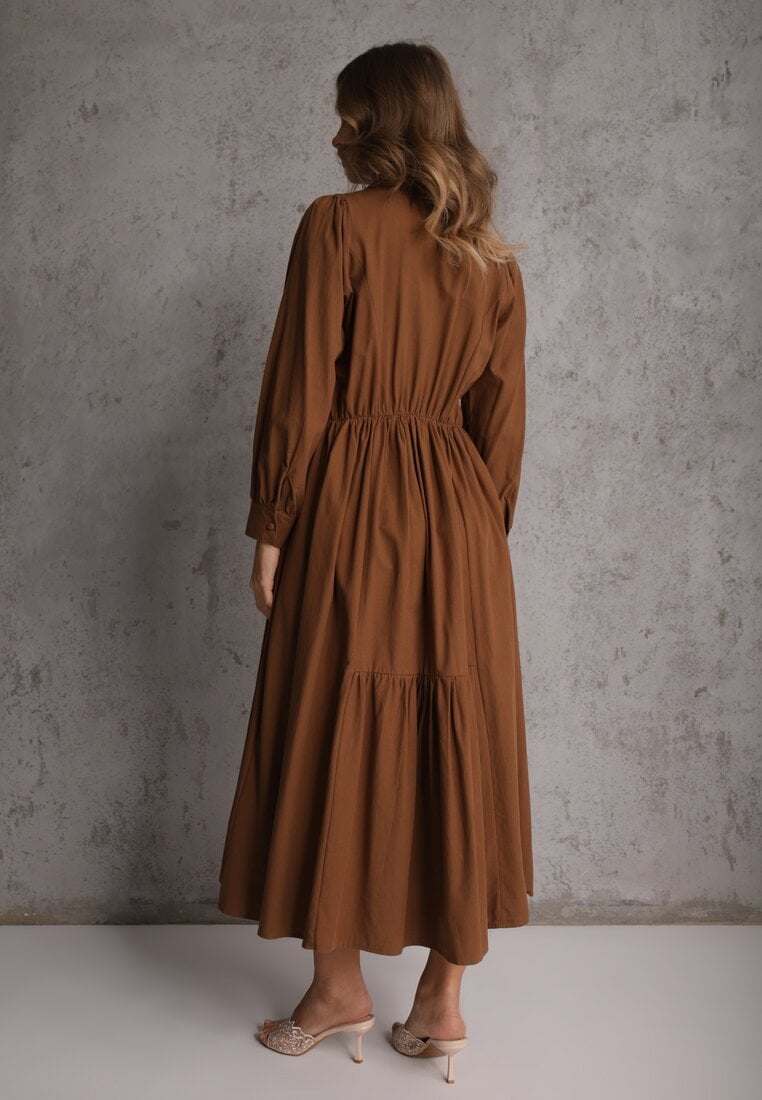 Brązowa Rozkloszowana Sukienka Koszulowa z Bawełny i Wiskozy Zdobiona Klapami Gleta