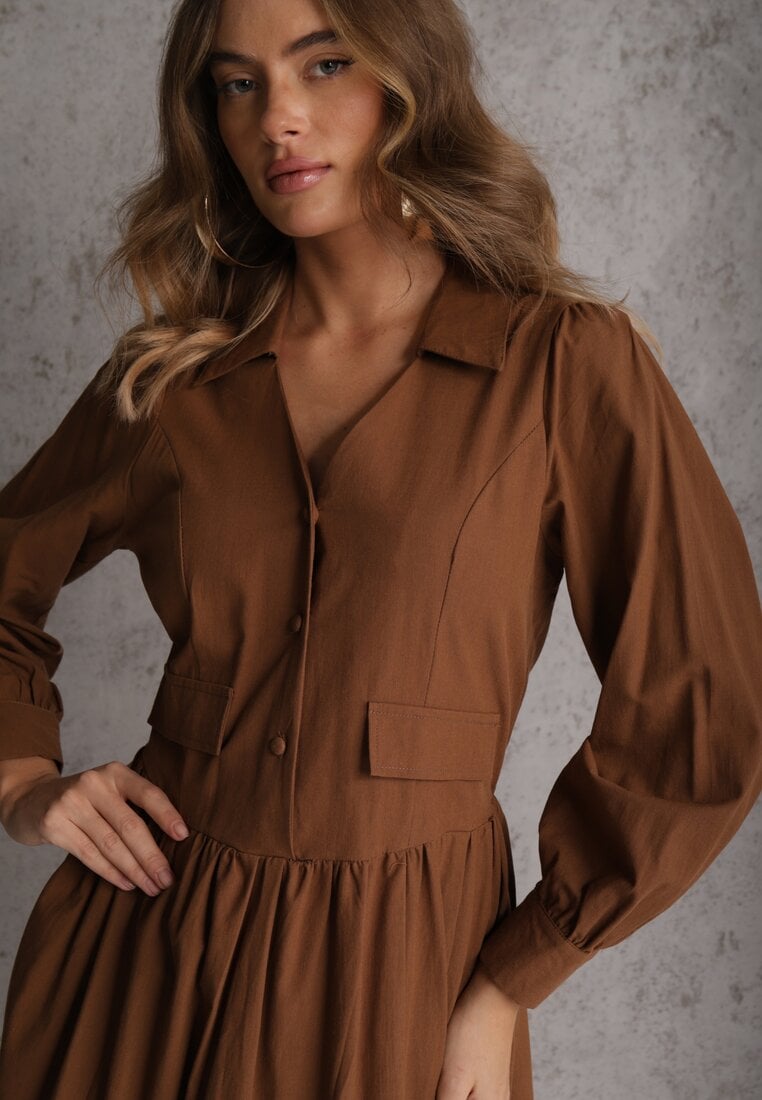 Brązowa Rozkloszowana Sukienka Koszulowa z Bawełny i Wiskozy Zdobiona Klapami Gleta