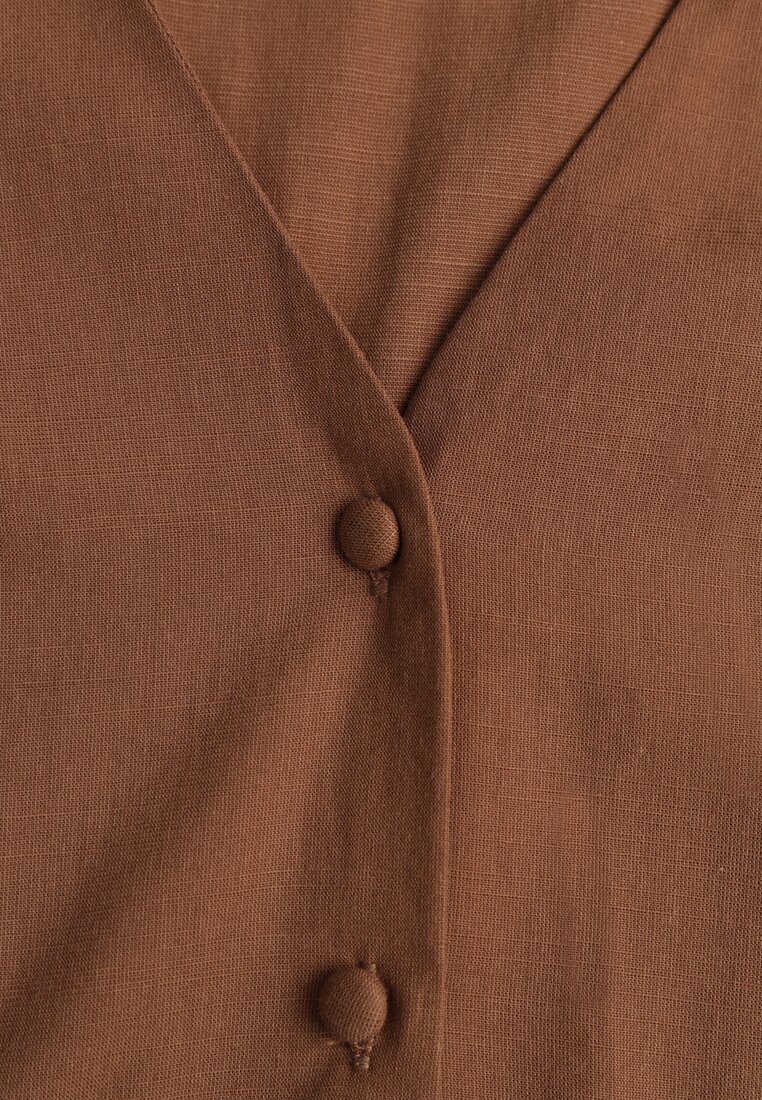 Brązowa Rozkloszowana Sukienka Koszulowa z Bawełny i Wiskozy Zdobiona Klapami Gleta