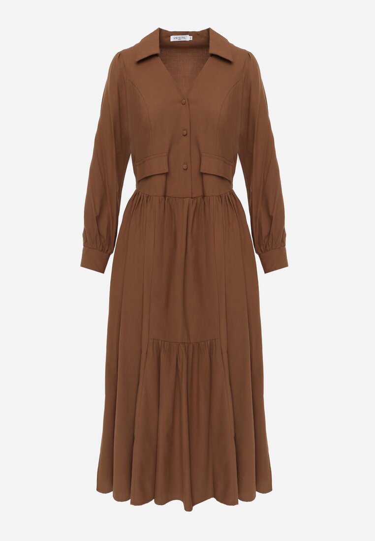 Brązowa Rozkloszowana Sukienka Koszulowa z Bawełny i Wiskozy Zdobiona Klapami Gleta