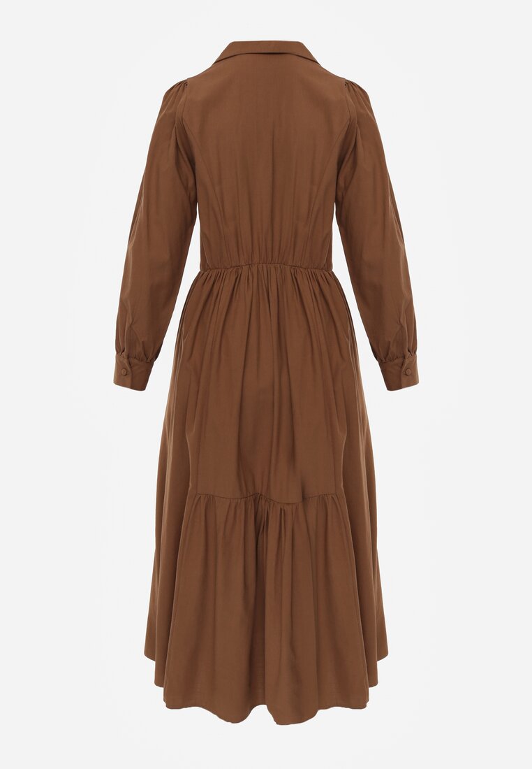 Brązowa Rozkloszowana Sukienka Koszulowa z Bawełny i Wiskozy Zdobiona Klapami Gleta
