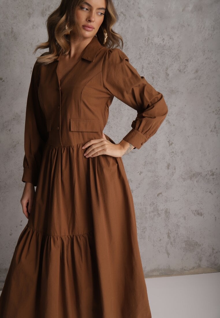 Brązowa Rozkloszowana Sukienka Koszulowa z Bawełny i Wiskozy Zdobiona Klapami Gleta