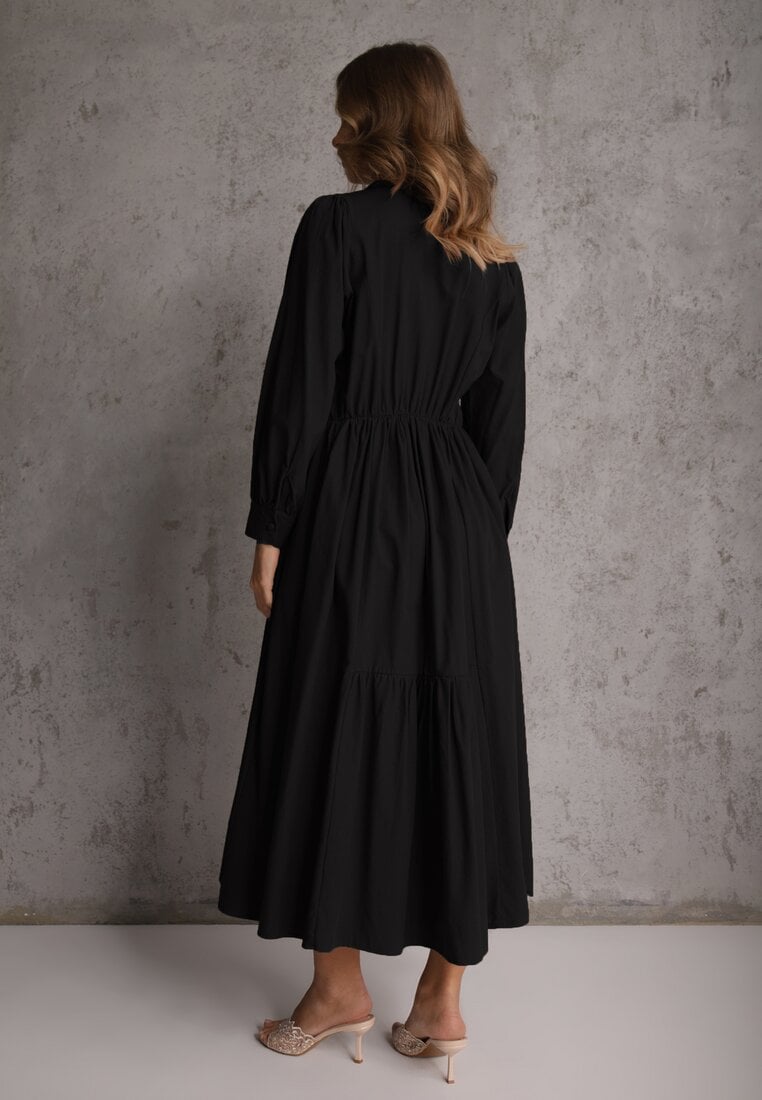 Czarna Rozkloszowana Sukienka Koszulowa z Bawełny i Wiskozy Zdobiona Klapami Gleta