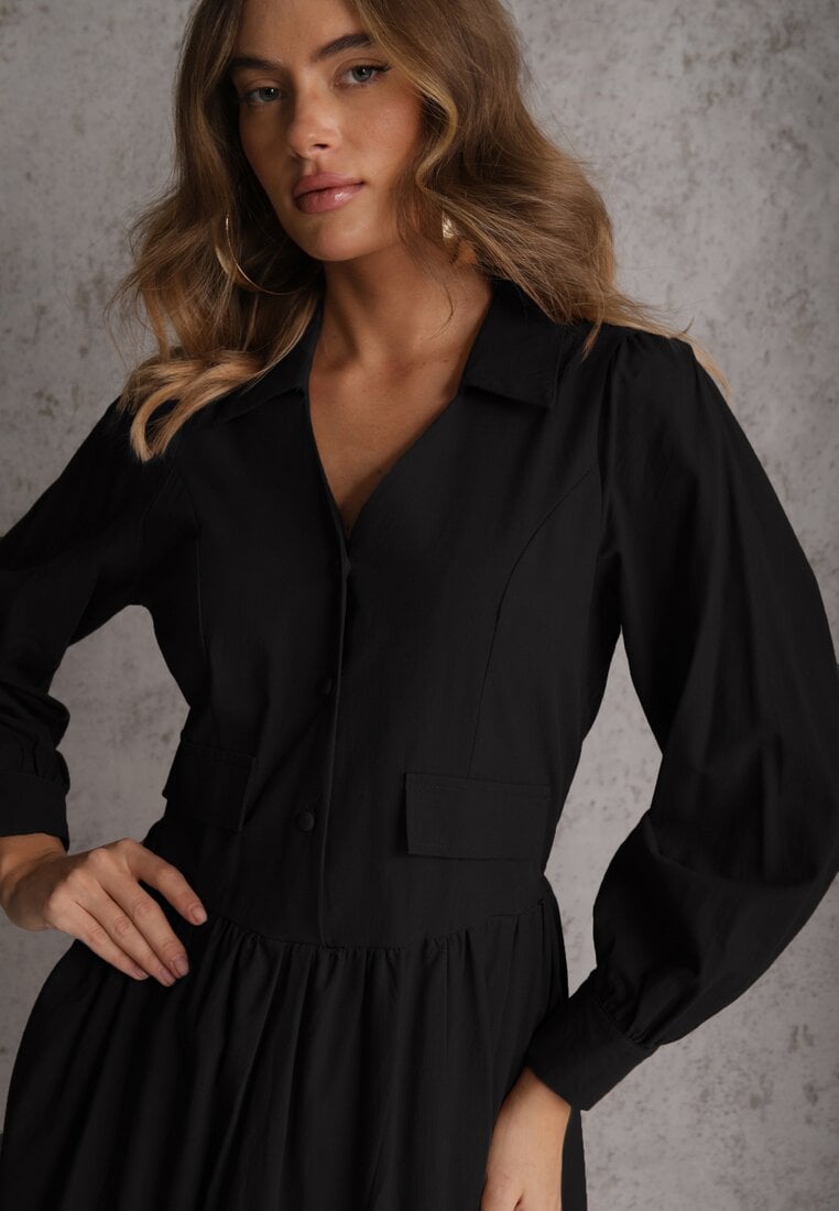 Czarna Rozkloszowana Sukienka Koszulowa z Bawełny i Wiskozy Zdobiona Klapami Gleta