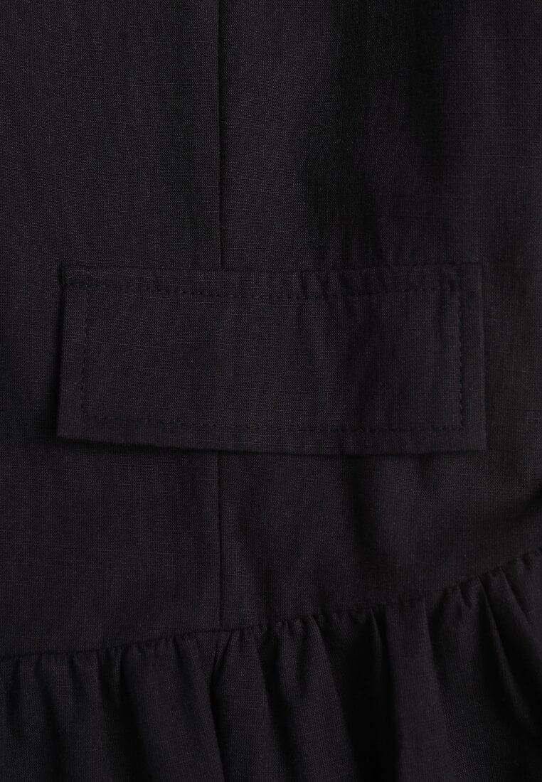 Czarna Rozkloszowana Sukienka Koszulowa z Bawełny i Wiskozy Zdobiona Klapami Gleta