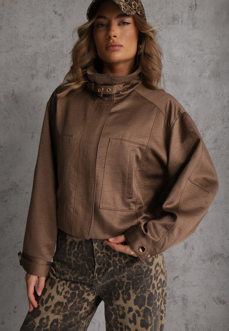 Brązowa Kurtka Bomberka Oversize z Paskami przy Rękawach Lann