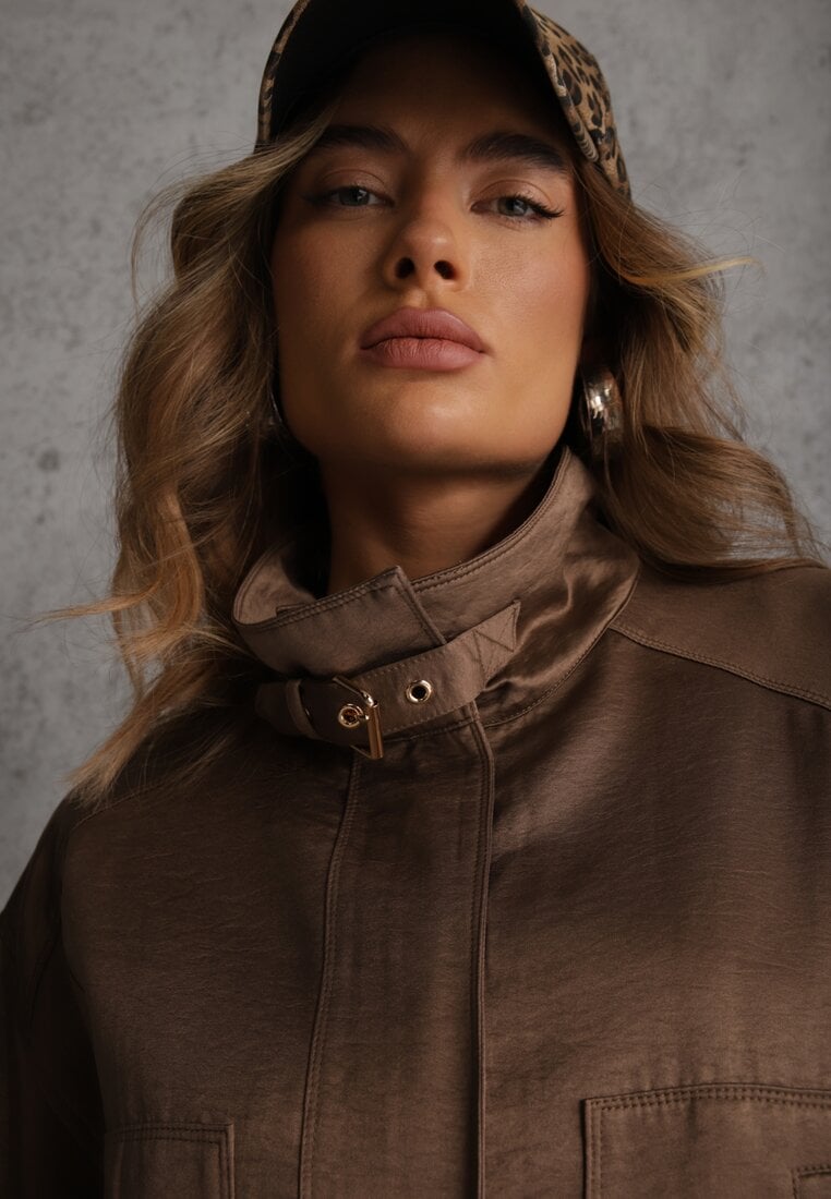 Brązowa Kurtka Bomberka Oversize z Paskami przy Rękawach Lann