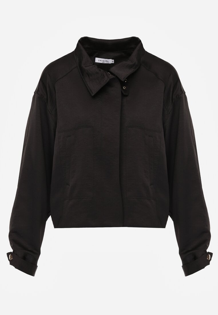 Czarna Kurtka Bomberka Oversize z Regulowanymi Mankietami Lann