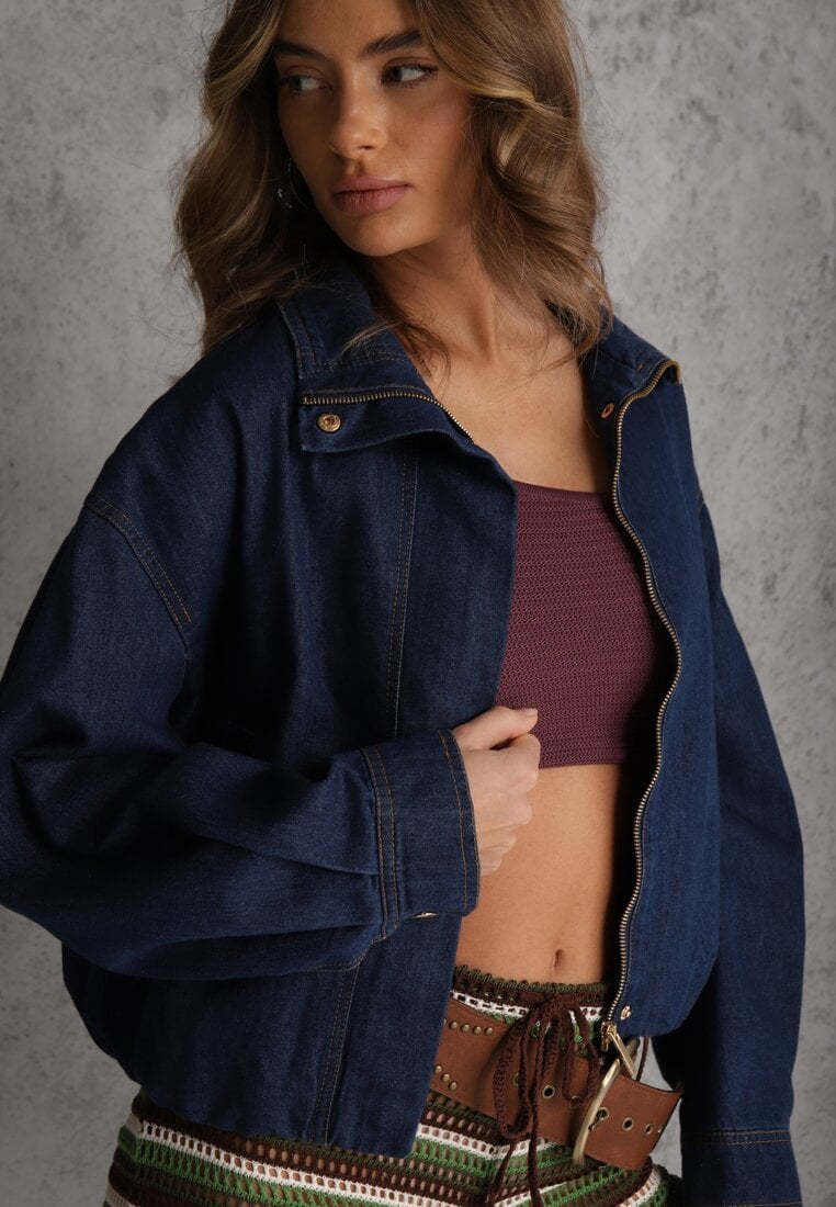 Niebieska Przejściowa Kurtka Jeansowa Balloon z Bawełny z Kołnierzykiem Abijena