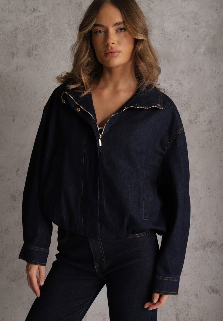 Granatowa Przejściowa Kurtka Jeansowa Balloon z Bawełny z Kołnierzykiem Abijena