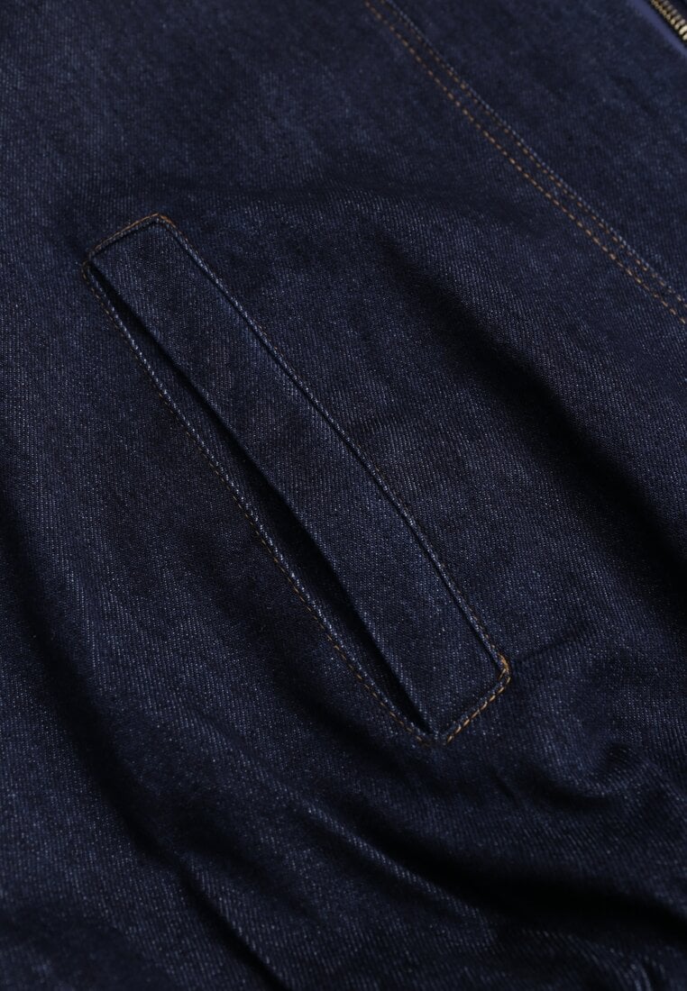 Granatowa Przejściowa Kurtka Jeansowa Balloon z Bawełny z Kołnierzykiem Abijena