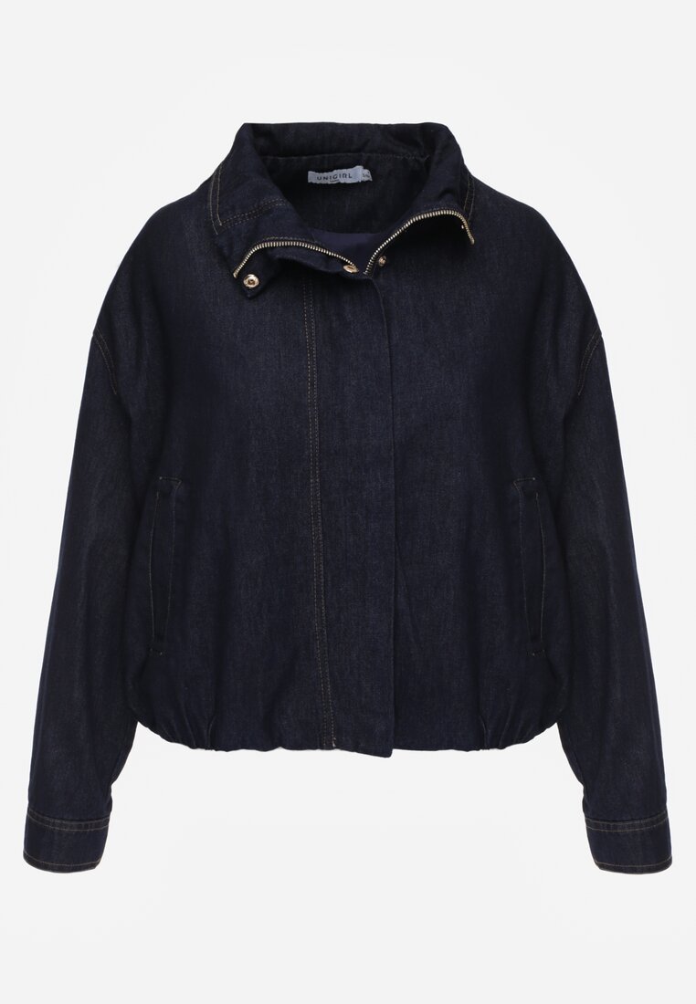 Granatowa Przejściowa Kurtka Jeansowa Balloon z Bawełny z Kołnierzykiem Abijena