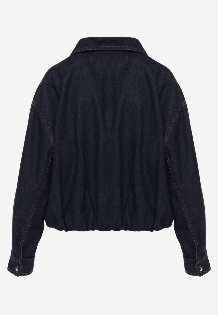 Granatowa Przejściowa Kurtka Jeansowa Balloon z Bawełny z Kołnierzykiem Abijena