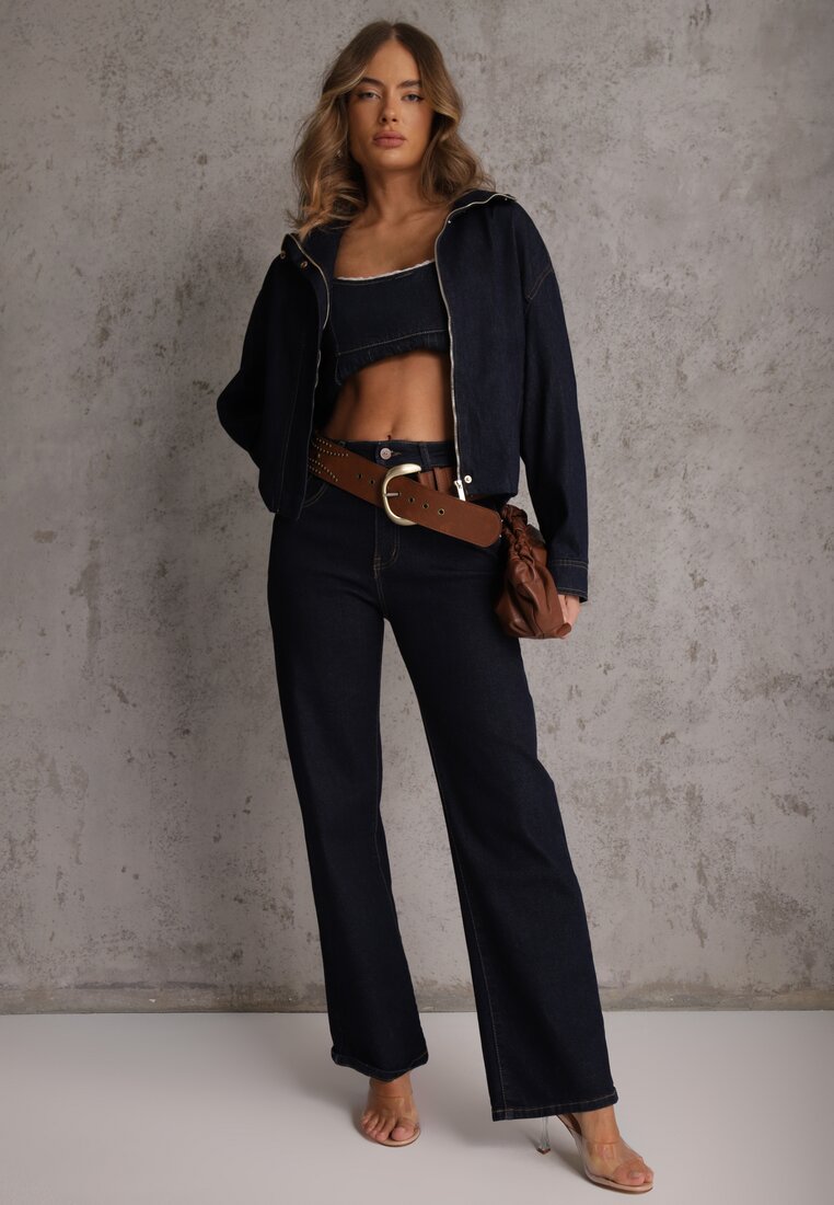 Granatowa Przejściowa Kurtka Jeansowa Balloon z Bawełny z Kołnierzykiem Abijena