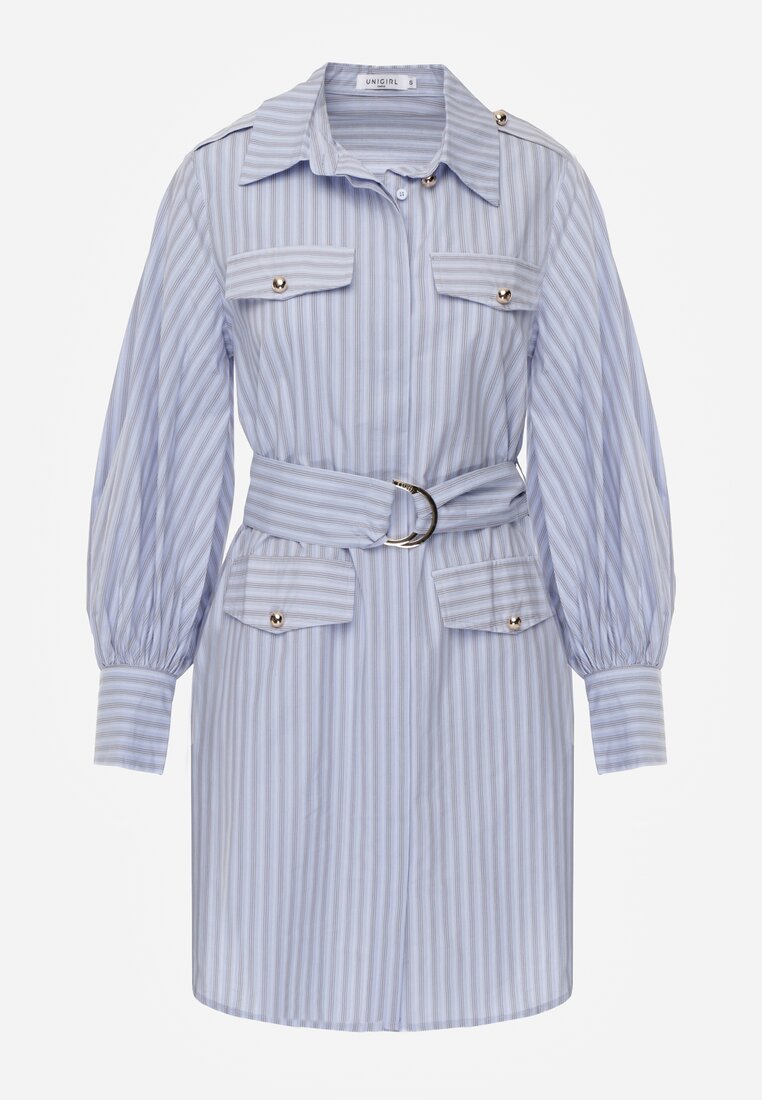 Niebieska Koszulowa Sukienka z Bawełny z Paskiem w Stylu Soft Utility Effiara