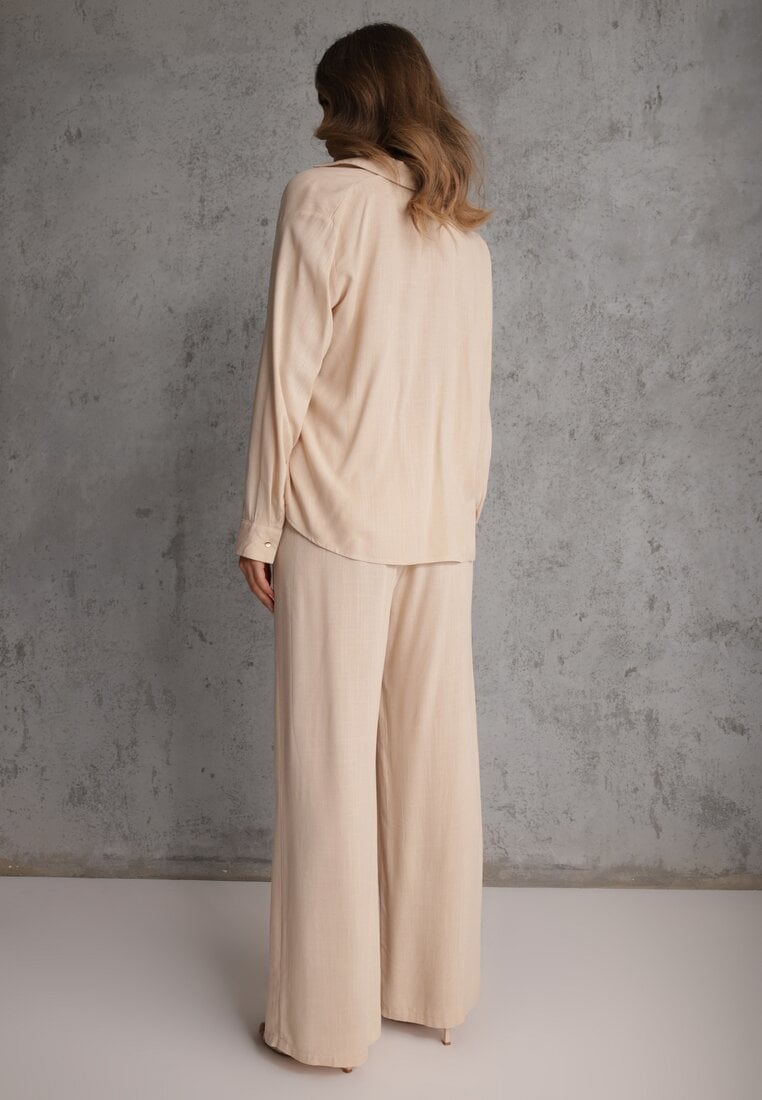 Beżowy Komplet z Wiskozy Spodnie Szerokie i Koszula z Ozdobnym Materiałem Airial