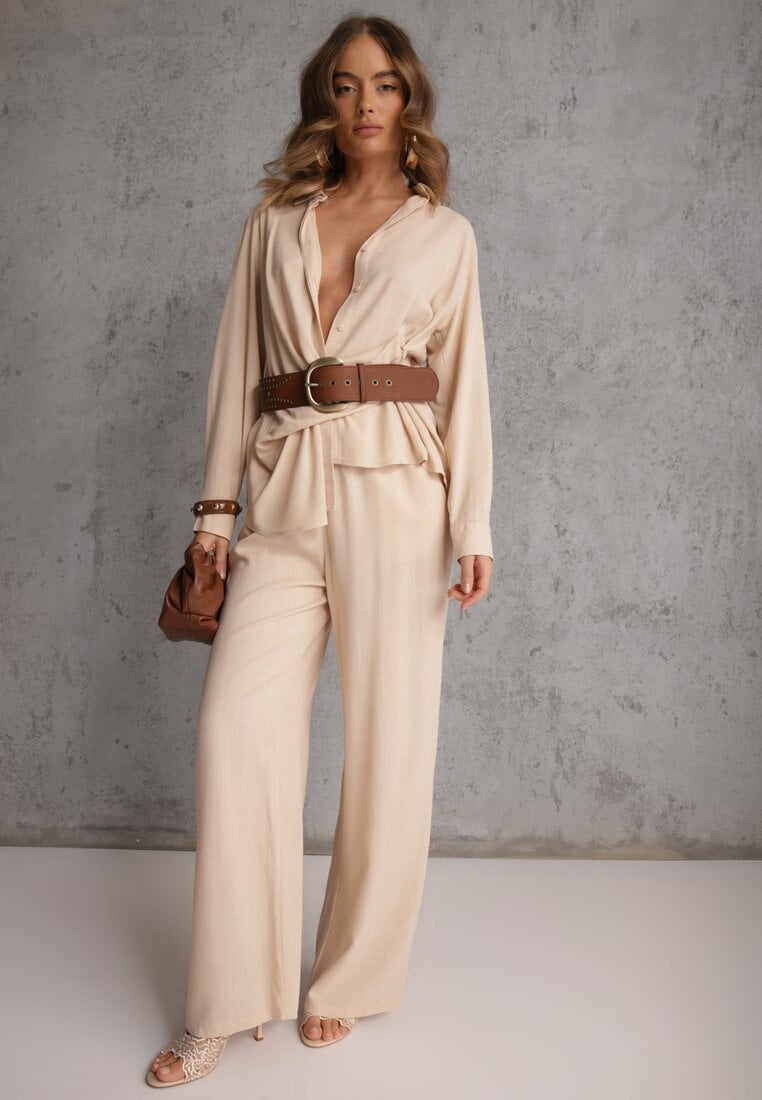 Beżowy Komplet z Wiskozy Spodnie Szerokie i Koszula z Ozdobnym Materiałem Airial