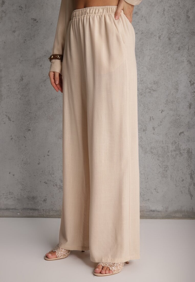 Beżowy Komplet z Wiskozy Spodnie Szerokie i Koszula z Ozdobnym Materiałem Airial