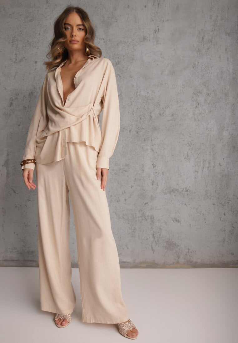 Beżowy Komplet z Wiskozy Spodnie Szerokie i Koszula z Ozdobnym Materiałem Airial