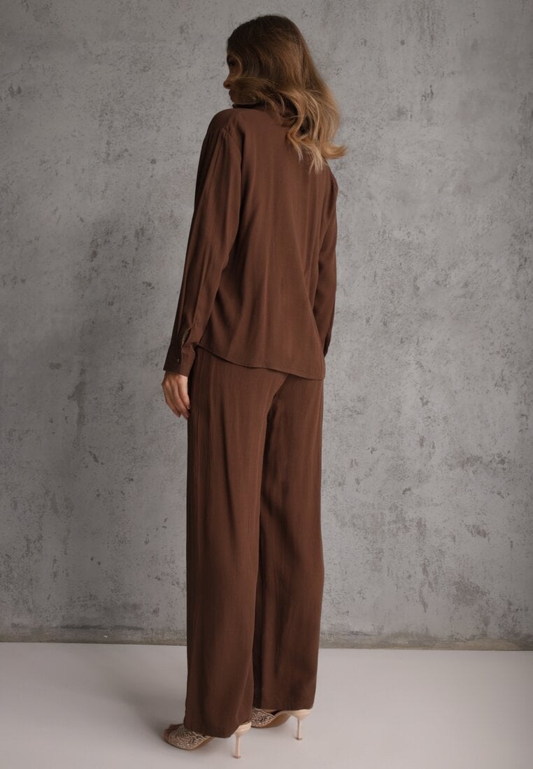 Brązowy Komplet z Wiskozy Spodnie Szerokie i Koszula z Ozdobnym Materiałem Airial