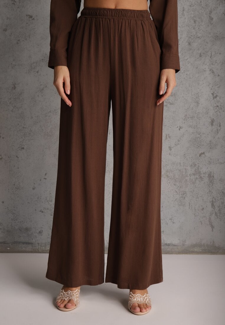 Brązowy Komplet z Wiskozy Spodnie Szerokie i Koszula z Ozdobnym Materiałem Airial