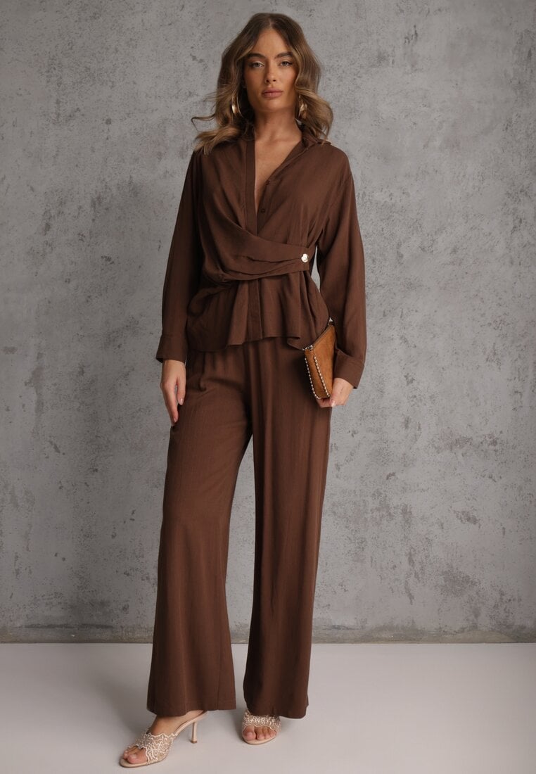 Brązowy Komplet z Wiskozy Spodnie Szerokie i Koszula z Ozdobnym Materiałem Airial