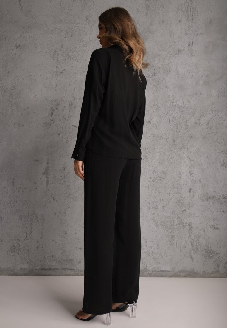 Czarny Komplet z Wiskozy Spodnie Szerokie i Koszula z Ozdobnym Materiałem Airial