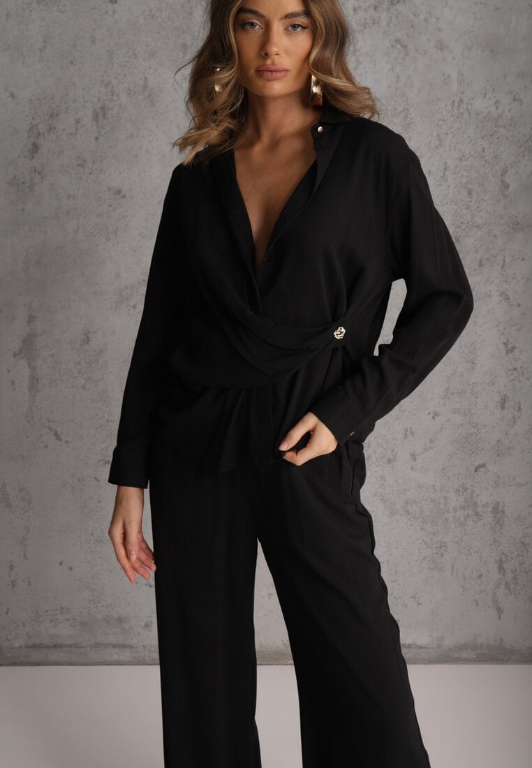 Czarny Komplet z Wiskozy Spodnie Szerokie i Koszula z Ozdobnym Materiałem Airial