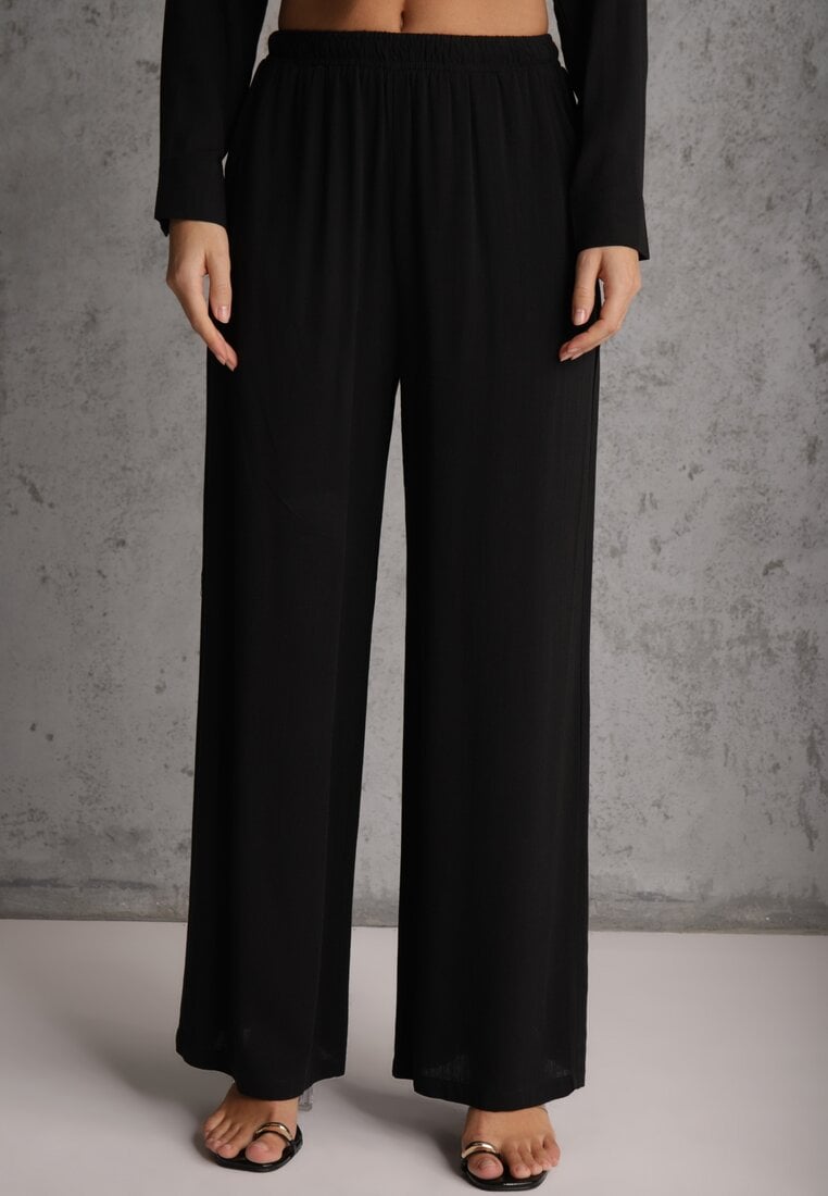 Czarny Komplet z Wiskozy Spodnie Szerokie i Koszula z Ozdobnym Materiałem Airial