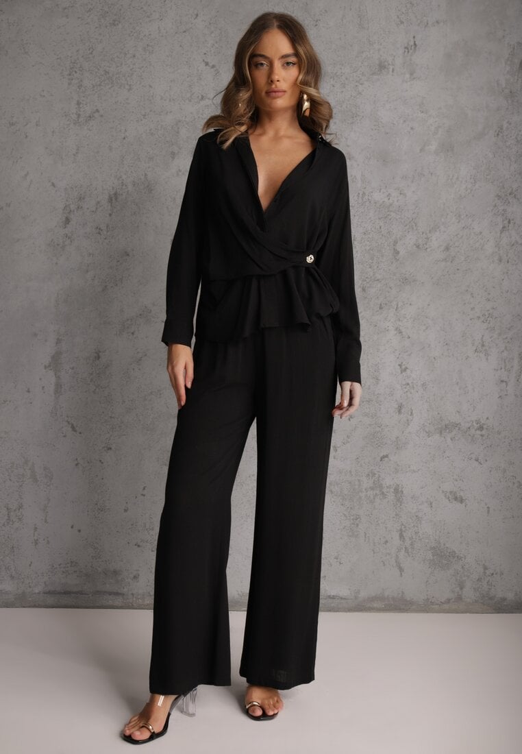 Czarny Komplet z Wiskozy Spodnie Szerokie i Koszula z Ozdobnym Materiałem Airial