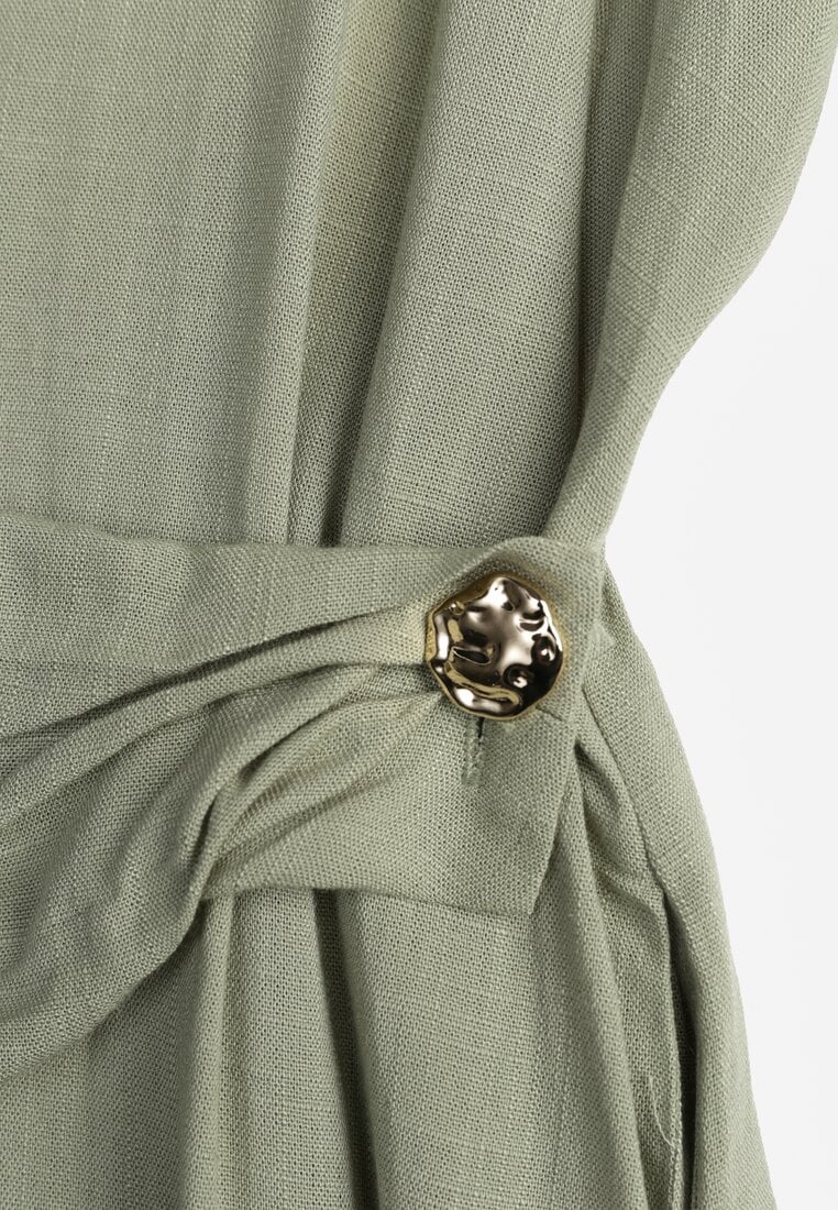 Zielona Koszulowa Sukienka z Wiskozy z Asymetrycznym Drapowaniem i Guzikiem Hetasa