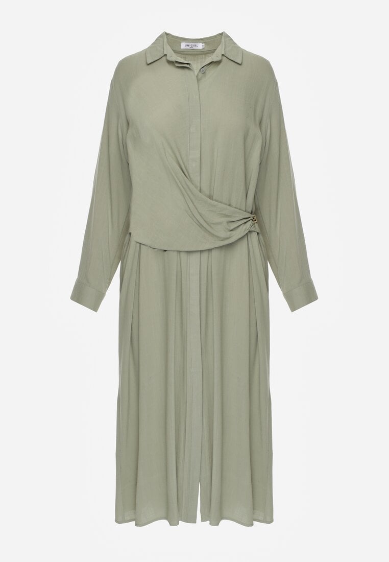 Zielona Koszulowa Sukienka z Wiskozy z Asymetrycznym Drapowaniem i Guzikiem Hetasa