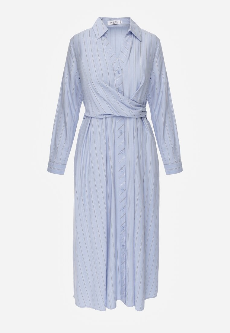 Niebieska Wiskozowa Sukienka o Koszulowym Kroju z Marszczoną Talią Abilera
