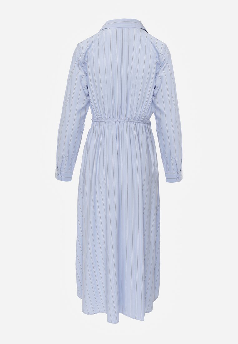 Niebieska Wiskozowa Sukienka o Koszulowym Kroju z Marszczoną Talią Abilera