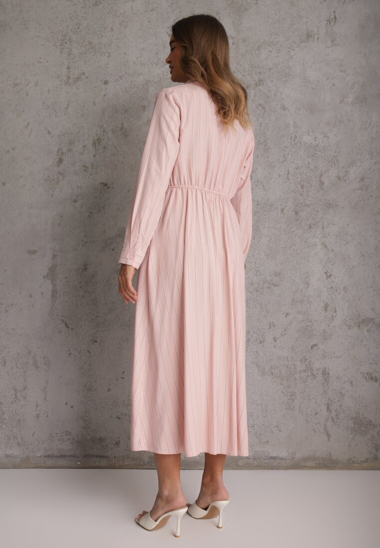 Różowa Wiskozowa Sukienka o Koszulowym Kroju z Marszczoną Talią Abilera