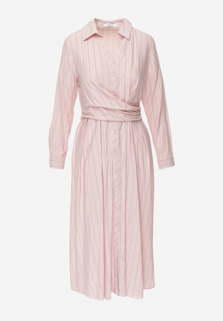 Różowa Wiskozowa Sukienka o Koszulowym Kroju z Marszczoną Talią Abilera